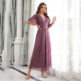 Evening Dress V neck Ruffle Bridesmaid Performance Party Dress